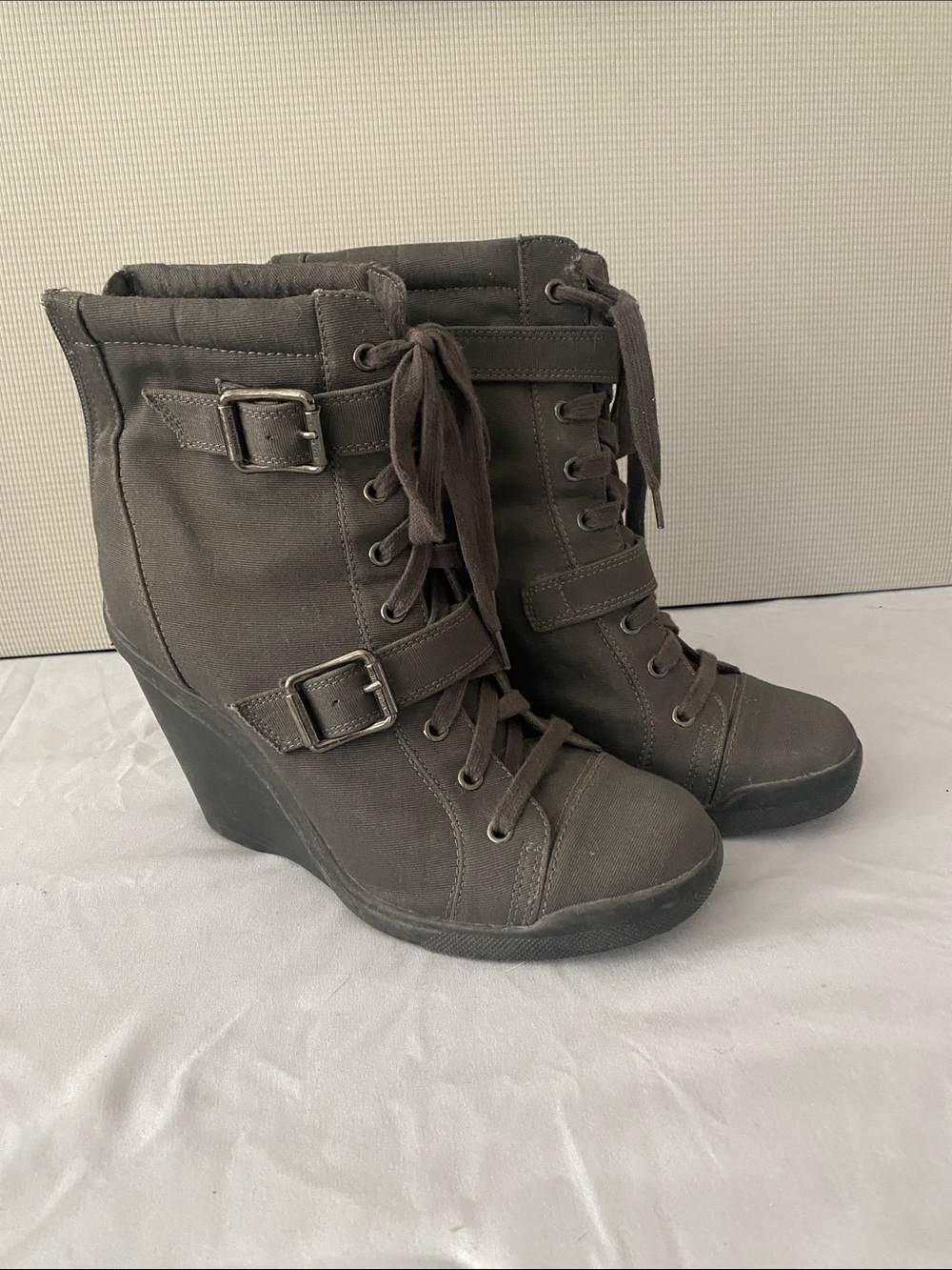 Vera Wang Dark Gray Lace-Up Wedge Ankle Boots